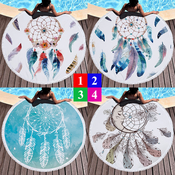 150CM Dream Catcher Feather Boho Indian Mandala Microfiber Round Beach Towel Blanket With Tassels Large Fringe Serviette De Plage Tapestry