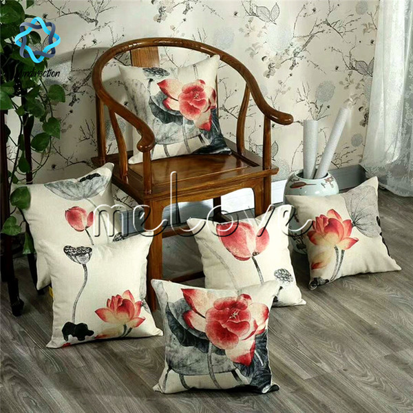 Mindirection Cotton Linen Square Throw Pillow Case Decorative Cushion Cover Pillowcase Lotus Chinese Ink Style Hot Selling Good Quality