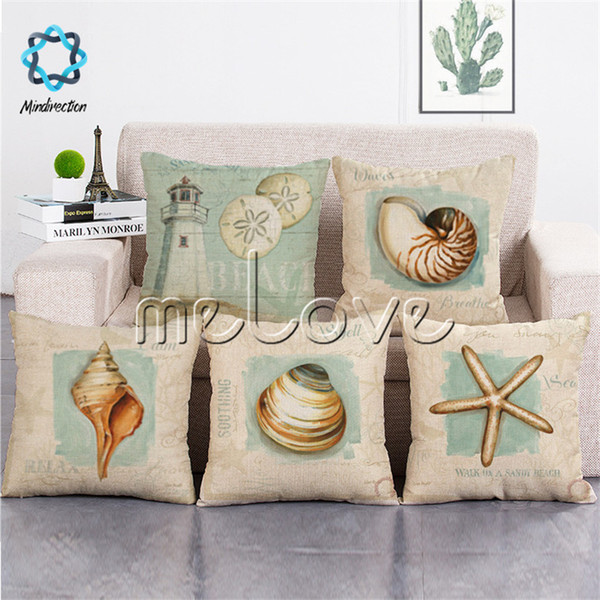 Mindirection Cotton Linen Square Throw Pillow Case Decorative Cushion Cover Conch Starfish Lighthouse Shell Sea Style high-quality