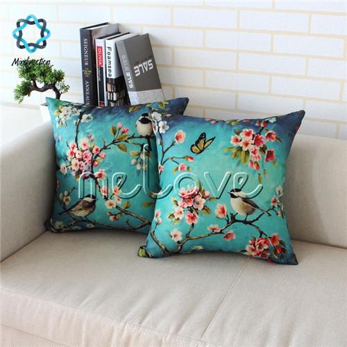 Mindirection Cotton Linen Square Throw Pillow Case Decorative Cushion Cover Oil Painted Cherry blossoms Butterfly Birds Hot Selling