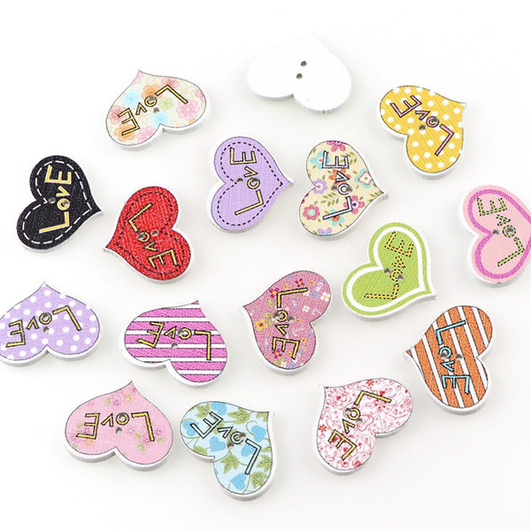 100PC 20x25mm Mixed Color 2 Holes Decorative Buttons Love Heart Shape Cartoon Animals Wood Buttons Sewing Scrapbooking Wedding Favors