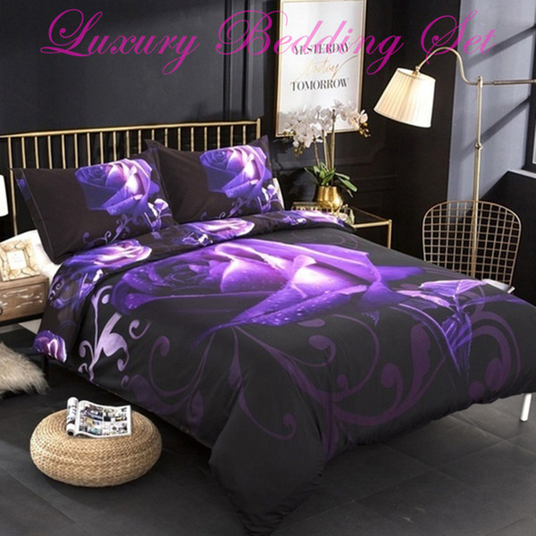 3D Purple Rose Duvet Cover Set HD Cat Leopard Print Bedding Sets 2/3pcs Bedclothes Twin Queen King Size Romantic Rose Bedding Sets