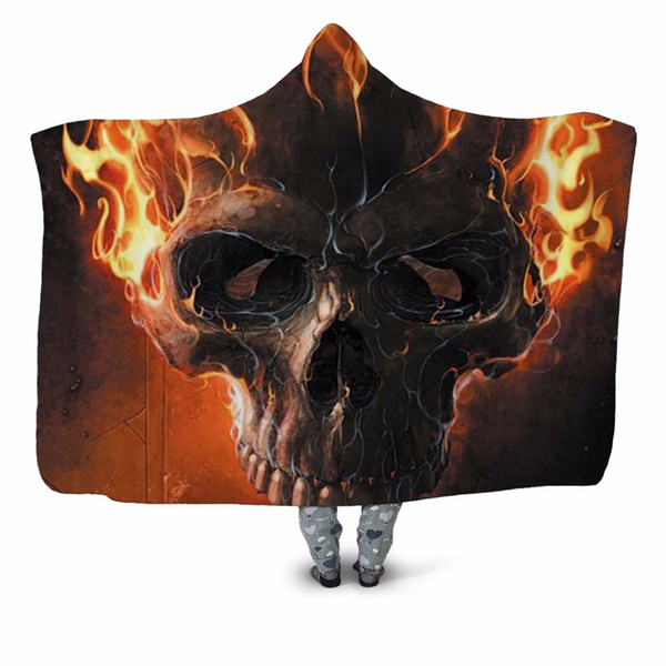 Fire Skull 3D Printed Plush Hooded Blanket for Adults Youth Children Warm Wearable Fleece Throw Blanket Home Office Washable New