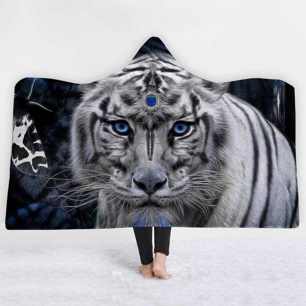 White Tiger Printed Hooded Blanket For Adults Kids Animals Microfiber Bedspreads Warm Soft Throw Blankets On The Bed