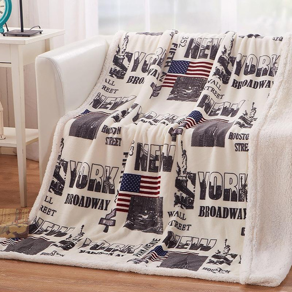 Thick Double Layer Sheep Cashmere Plush Blanket Fashion New York Statue of Liberty London Us Uk Flag Printed Lamb Throw Blankets