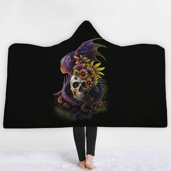 Winged Wraps Skull with Wings 3D Printed Plush Hooded Blanket for Adults Kid Warm Wearable Fleece Throw Blankets