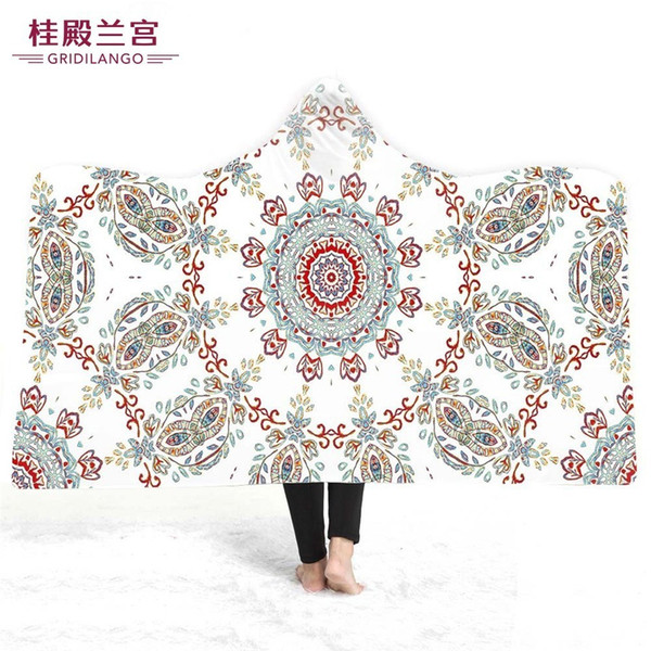 GRIDILANGO Mandala Hooded Throw Blanket Printing Home Office Vacation For Adults Kids Wearable Throw Blankets Holiday Gift