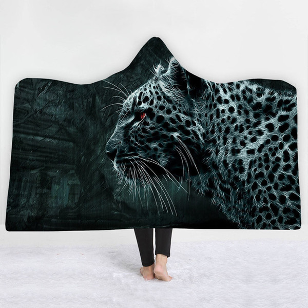 Leopard Hooded Blanket Wolf Lion Winter Thick Wearable Blanket Bed Throw For Adult Kids Sherpa Fleece Joyous