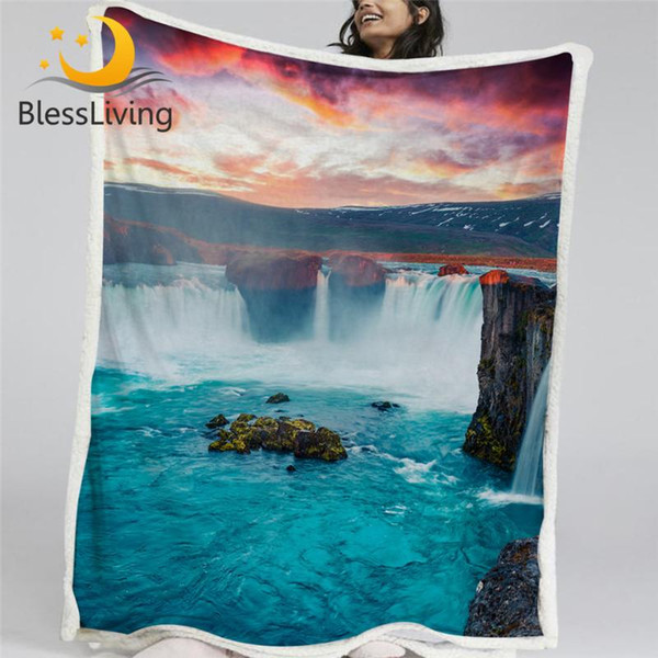 BlessLiving Sunrise Scene Pink Blanket Godafoss Waterfall Landscape Sherpa Blanket 3D Print Throw Colorful Sunset Mantas