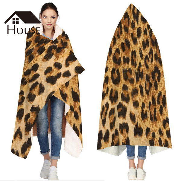 Portable Wearable Fluffy Custom Hooded Blanket Wild Animald Leopard Fleece Hooded Throw WrapBed Blanket