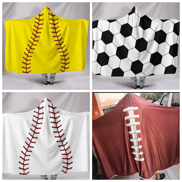 200*150cm Baseball Football Sherpa Towel Softball Blanket Sports Theme Hooded Cape Soccer Bathing Towel Swadding Blankets GGA780 6PCS