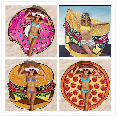 Summer Emoji Fruits Beach Towel 12 Styles Pizza Hamburger Donut Skull Ice Cream Strawberry Polyester Round Beach Shower Towel Blanket