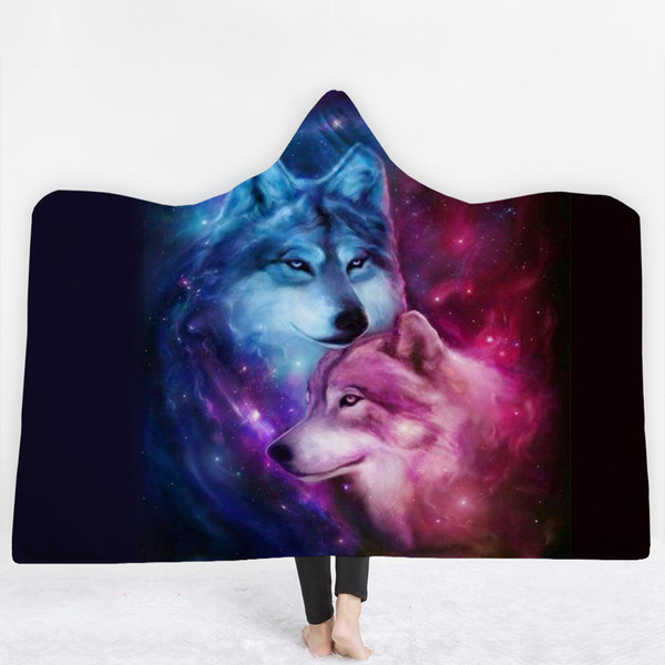 18 Styles Wolf Husky 3D Printed Plush Hooded Blanket for sofa Warm Wearable Soft Fleece Throw Blankets