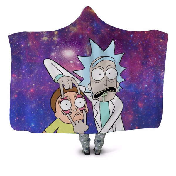 Ricky and Morty Trick 3D Printed Plush Hooded Blanket for Adult Children Warm Wearable Fleece Throw Blanket Home Office Washable