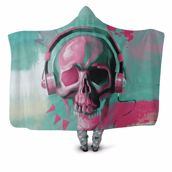 Hip Hop Music Skull 3D Printed Plush Hooded Blanket for Adults Children Warm Wearable Fleece Throw Blanket Home Office Washable