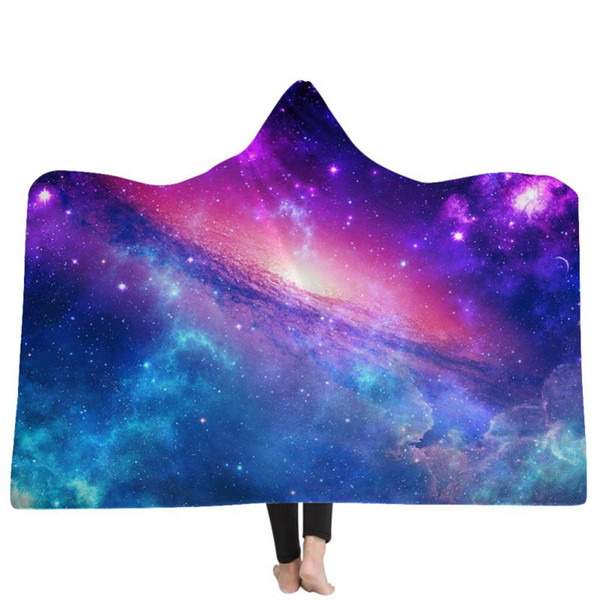 Starry Sky Plush Printed Microfiber Hooded Blanket Adults Kids Sherpa Fleece Galaxy Wearable Throw Blankets Tv Watching Blanket