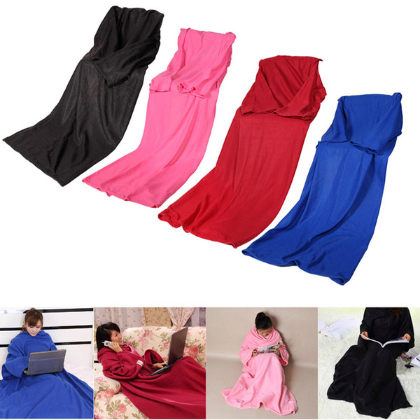 150pcs Home Winter Warm Fleece Blanket Kids Throw Bed Wrap Super Soft Sleeping Bed Blanket Robe Cloak With Sleeves 4 Colors