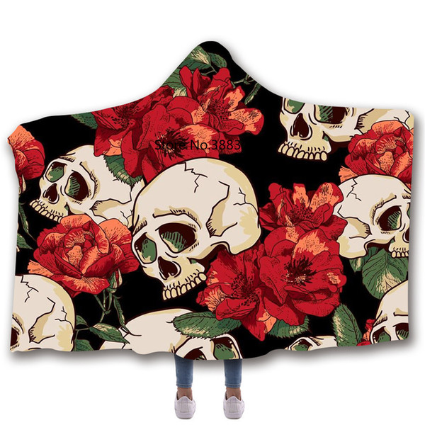 Hooded Blanket Floral Skull Tattoo Printed Plush Lightweight Travel Easy Carry Outdoor Wearable Blankets for Home Adult Children