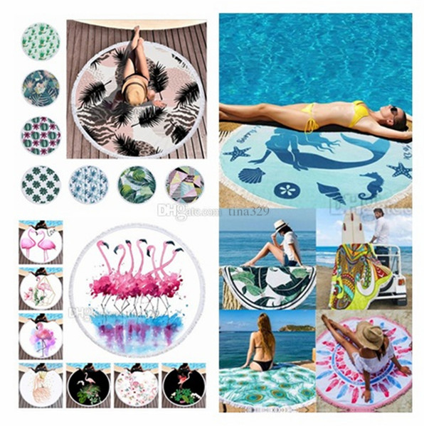 Comfortable plant blanket microfiber printed round Bath towel Polyester circular beach towels shawl cushion belt tassel T10I007