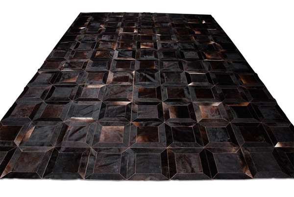 Dark Brown/Black Squares Patchwork Natural Cowhide Area Rug