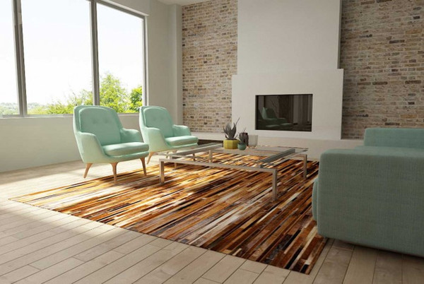 Top Quality Brown Patchwork Cowhide Rug Stripes Design