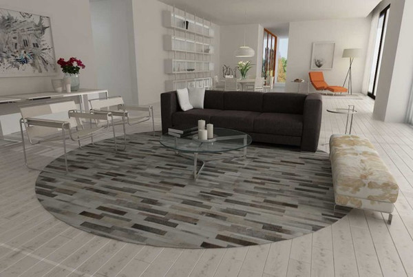 Round Gray Cowhide Patchwork Rug in Stripes Design Decoration for Living Room and Bed Room