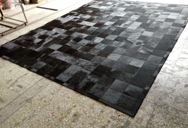 Black Fur Patchwork Cowhide Area Rug Classic Squares Design No. 2550