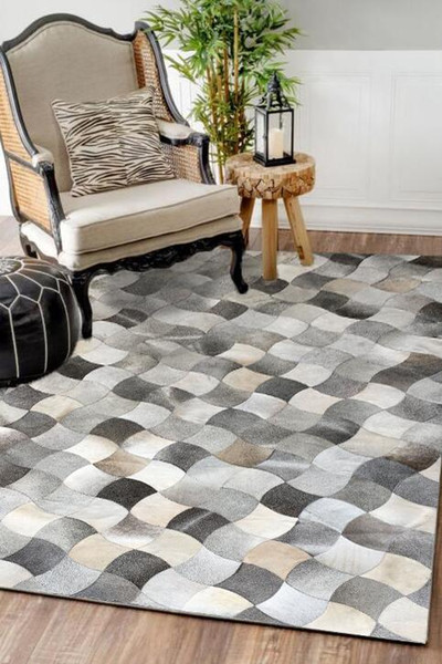 Modern Gray Fur Patchwork Cowhide Area Rug No. 2552