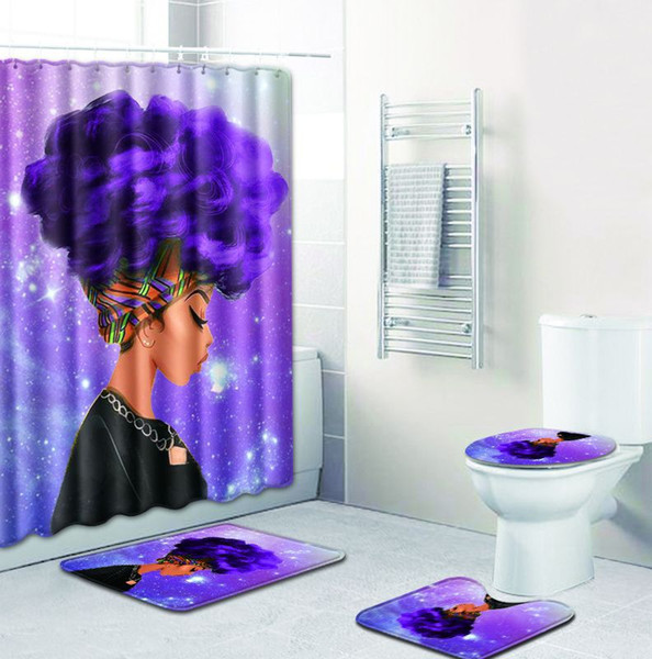 Drop Shipping African Woman Polyester Shower Curtain Set Non Slip Rugs Carpet for Bathroom Toilet Flannel Bath Mat Set 4pcs