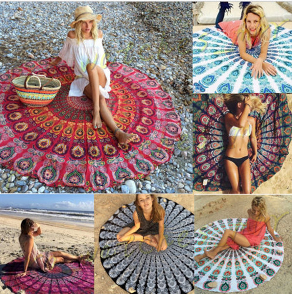 Polyester Round Beach Towel Hippie Mandala Tapestry Bohemian Hippie Indian Tablecloth Yoga Mat Sunscreen Shawl Wrap Indian Picnic Mat H0120