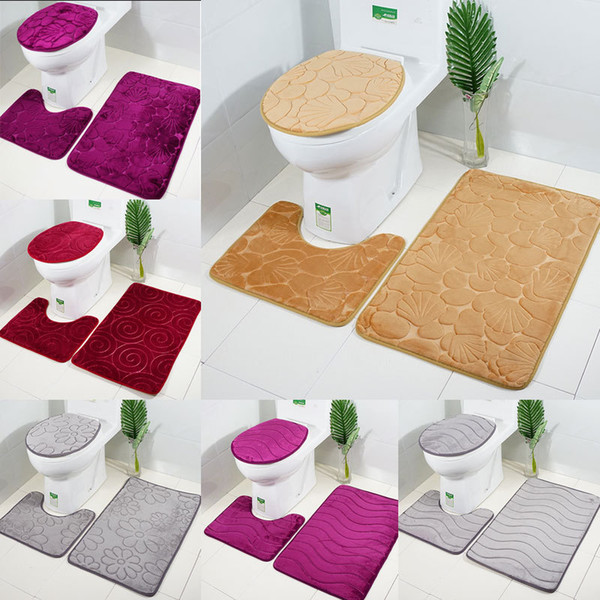 3D Embossing Bath Mats 3 Pcs/Set Solid Toilet Cover Bath Mats Set Water Absorption Washroom Flannel Rugs Floor Mat Carpet