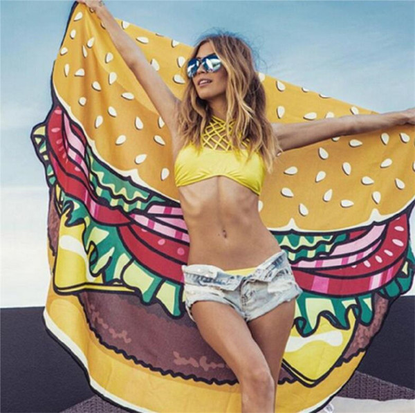 TOP Round Beach Towel Pizza Hamburger Skull Ice Cream Smiley Pineapple Watermelon Round Shower Towel Blanket Shawl Polyester 12 Styles 150cm