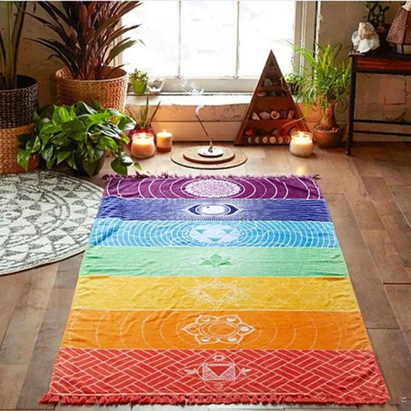 Rainbow Beach Towel 150*70cm Tapestry Boho Polyester Beach Throw with Tassel Rectangle Yoga Mat Wall Hanging Large Shawls T0043