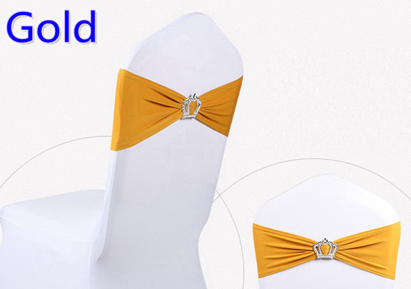 Gold colour Crown buckle lycra sash for wedding chairs decoration spandex band stretch bow tie lycra ribbon belt on sale