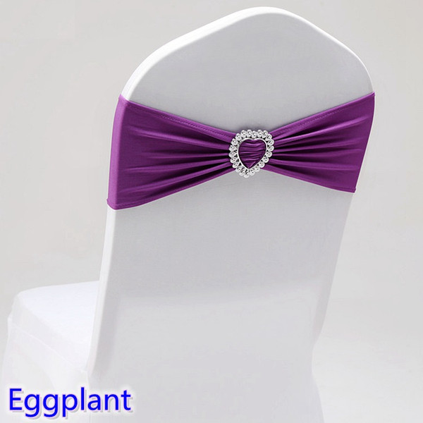 Eggplant colour wedding chair sash with heart buckle lycra band spandex sash bow tie For Wedding Banquet Decoration for sale