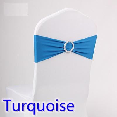 Turquoise colour wedding chair sash spandex band with diamond buckle for chair covers lycra bow tie spandex sash ribbon on sale