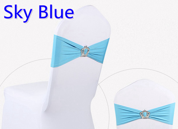 Sky blue colour Crown buckle lycra sash for wedding chairs decoration spandex band stretch bow tie lycra ribbon belt on sale