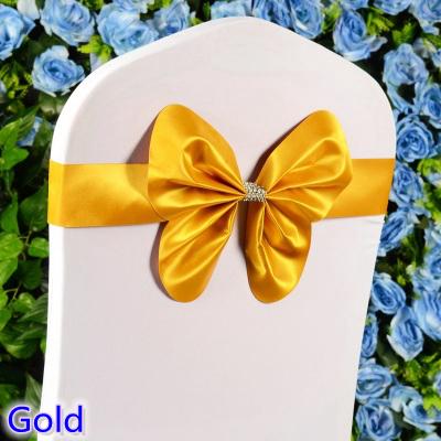 Gold colour chair sash wedding mini style butterfly bow tie lycra band stretch bow tie ribbon for chair covers on sale