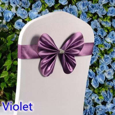 Violet colour chair sash wedding mini style butterfly bow tie lycra band stretch bow tie ribbon for chair covers on sale