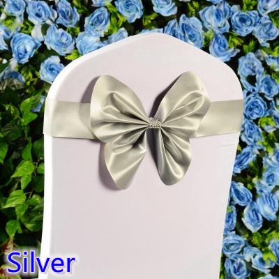 Silver colour chair sash wedding mini style butterfly bow tie lycra band stretch bow tie ribbon for chair covers on sale