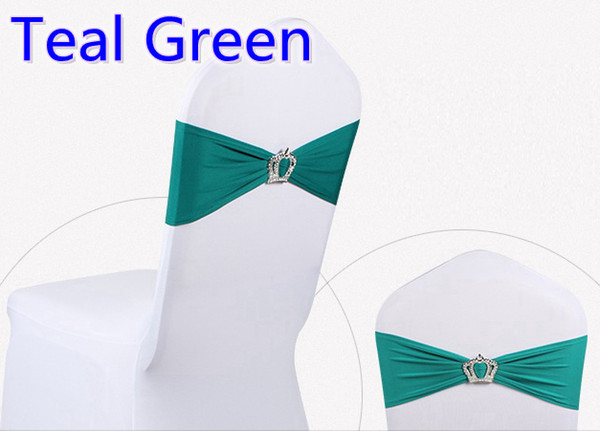 Teal colour Crown buckle lycra sash for wedding chairs decoration spandex band stretch bow tie lycra ribbon belt on sale