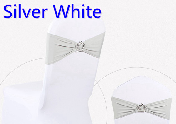 Silver white colour Crown buckle lycra sash for wedding chairs decoration spandex band stretch bow tie lycra ribbon belt on sale