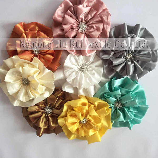 New Design !110PCS Miracle Taffeta Big Flower With Brooch Spandex Chair Band for Wedding Party Use