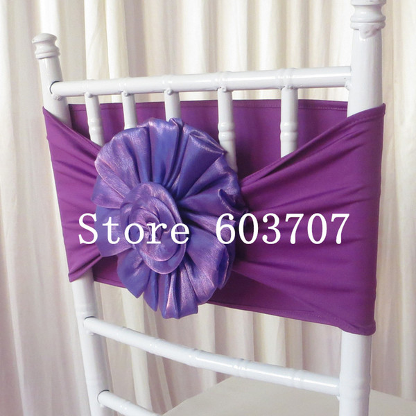 Free Shipping New Product: 100PCS Purple Spandex Band With Organza Big Flower For Chivari Chair Use