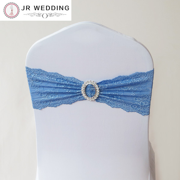 100pcs Wholesale Blue Lace Chair Band For Wedding Flowers Pattern Chair Spandex Lace Chair Band For Hotel Party Decoration