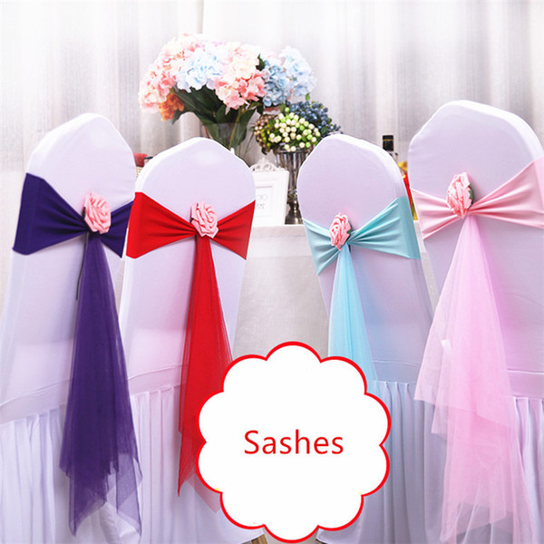 Fancy Wedding Sashes for Decoration Elastic Polyester and Gauze Chair Cover Bands with Individual Artificial Flower