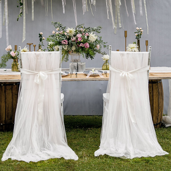 Chiffon Wedding Chair Covers With Sashes Romantic Chair Cover Decortive Long Tulle High Chair Skirt Slipcovers Wedding Supplies WCS01