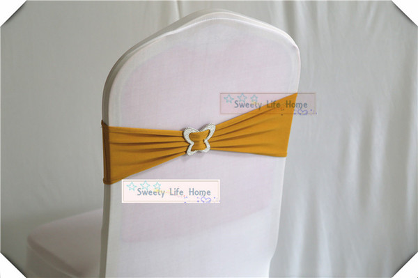 New Desion Gold chair sahes with silver Butterfly Buckle Chair Sash Stretch Lycra chair bows for Wedding Event Decoration