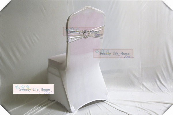 Wholesales Silver Shiny Metallic Gold Spandex Lycra Chair Sash Bands With round Buckle Bronzing Banquet Stretch Chair Bow Ties For Wedding