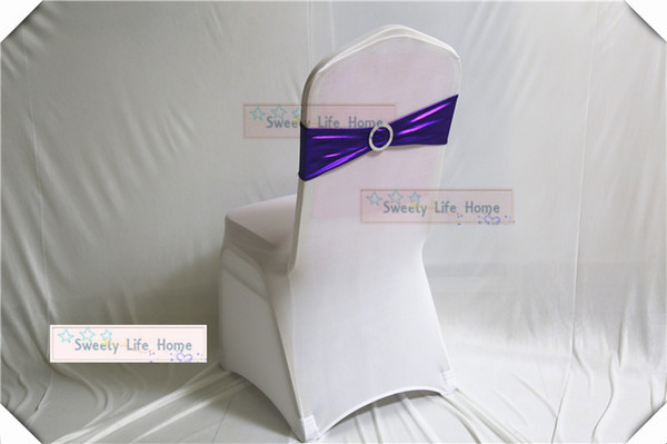 Free shipping Nice bronzing Coated Spandex Chair Sash Purple color Metallic Bands With round Buckle wedding Stretch Chair Bow